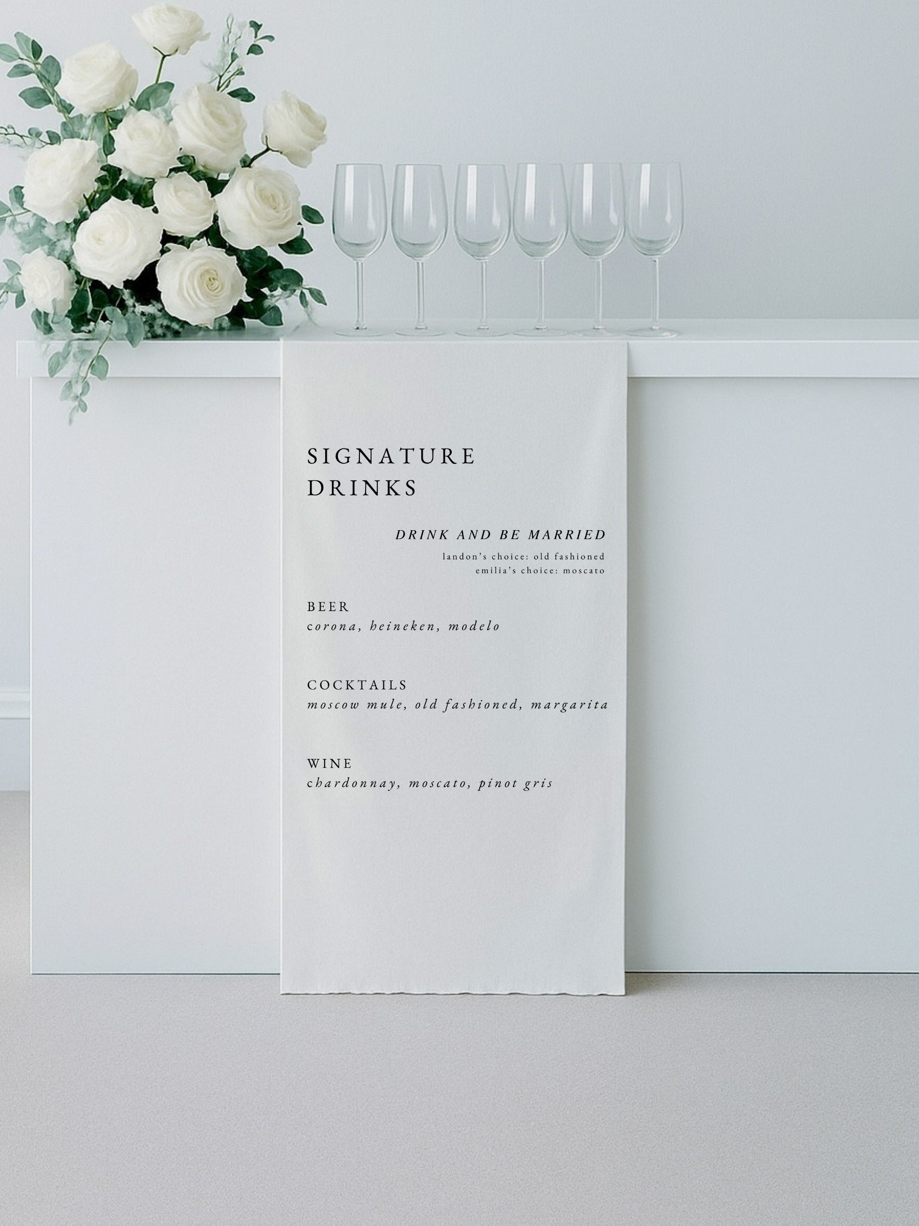 This is a hanging linen bar sign for weddings.