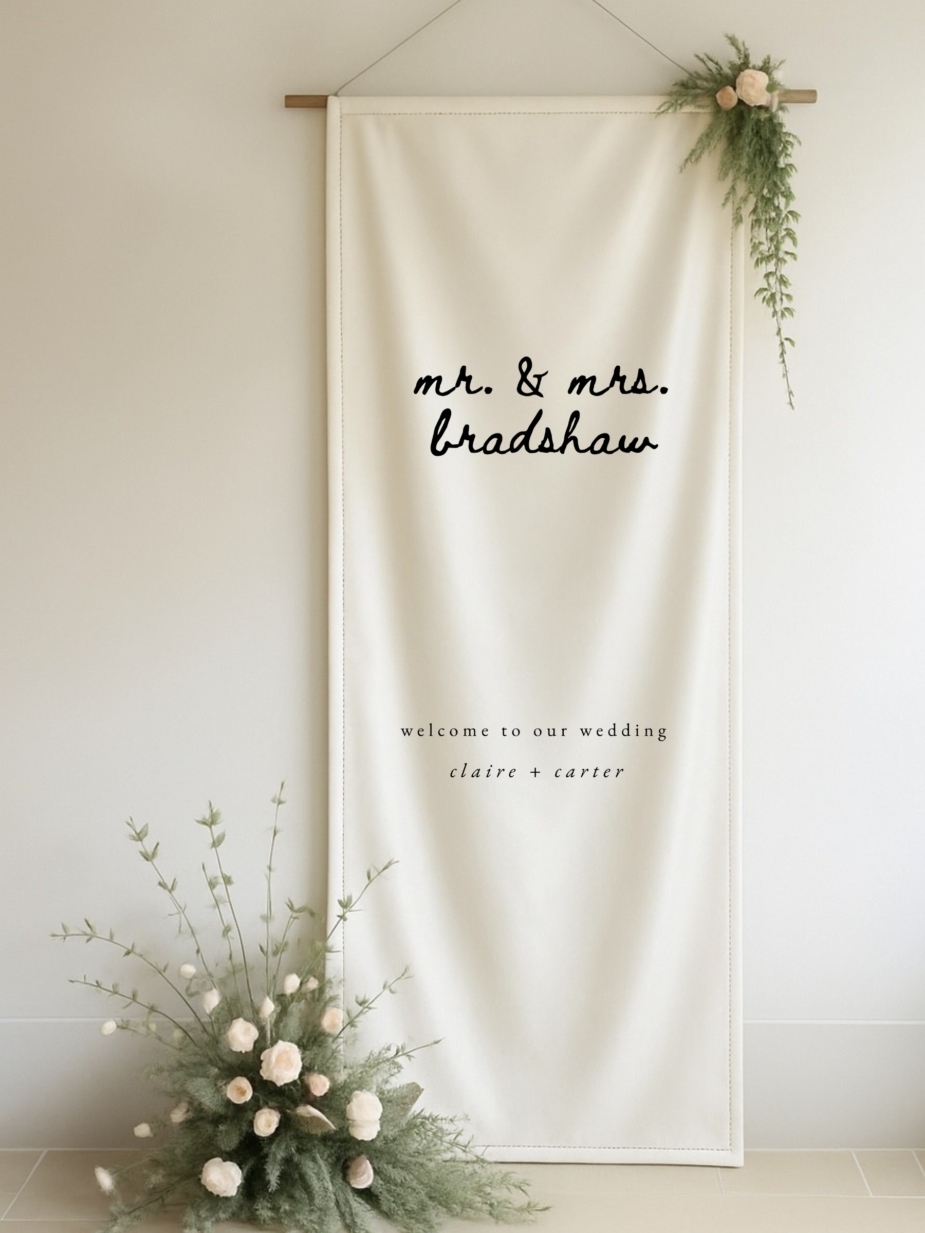 This is a photo of a silk wedding welcome sign.