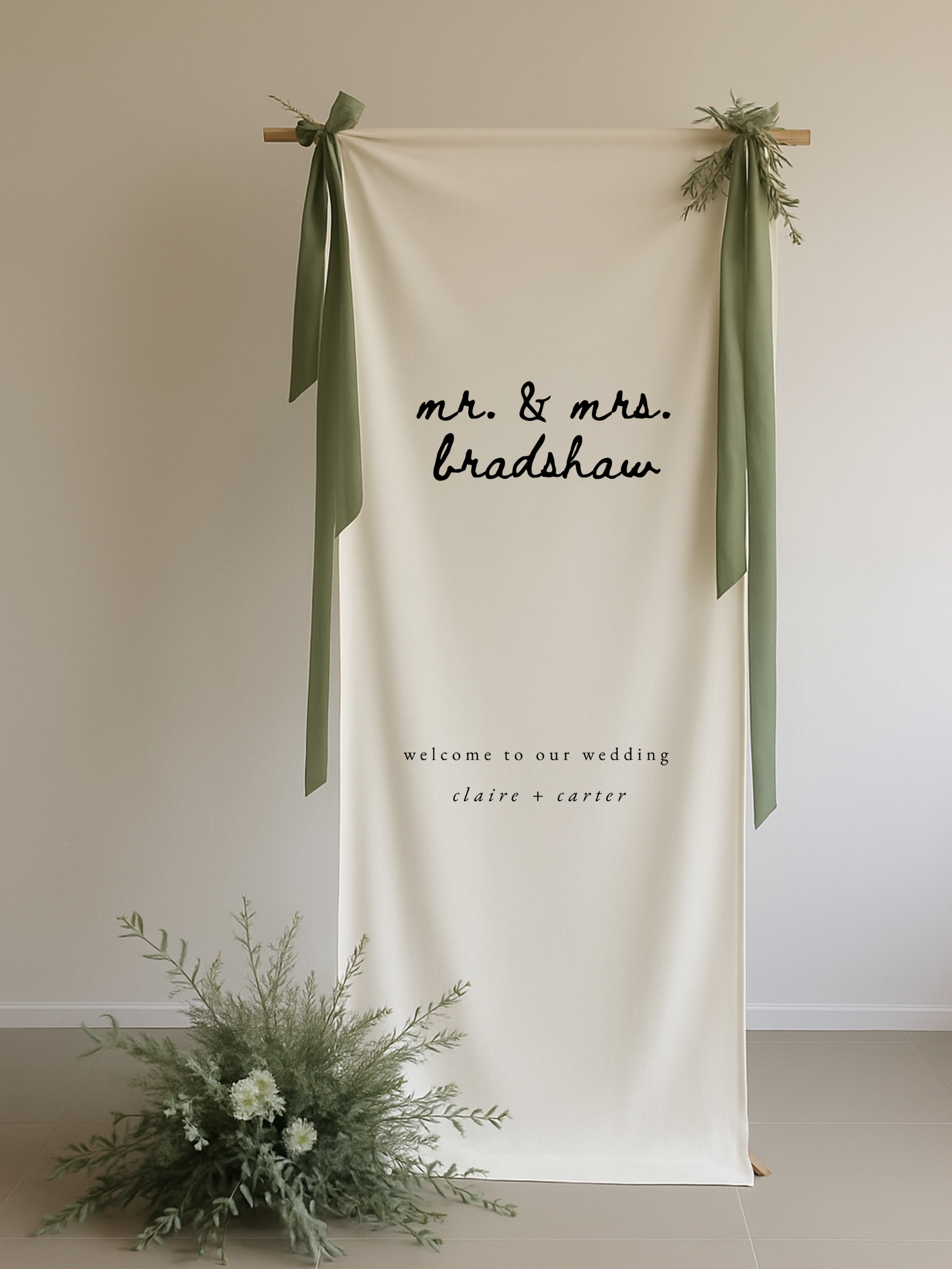 Chic linen wedding welcome banner, personalized sign for formal wedding decor.