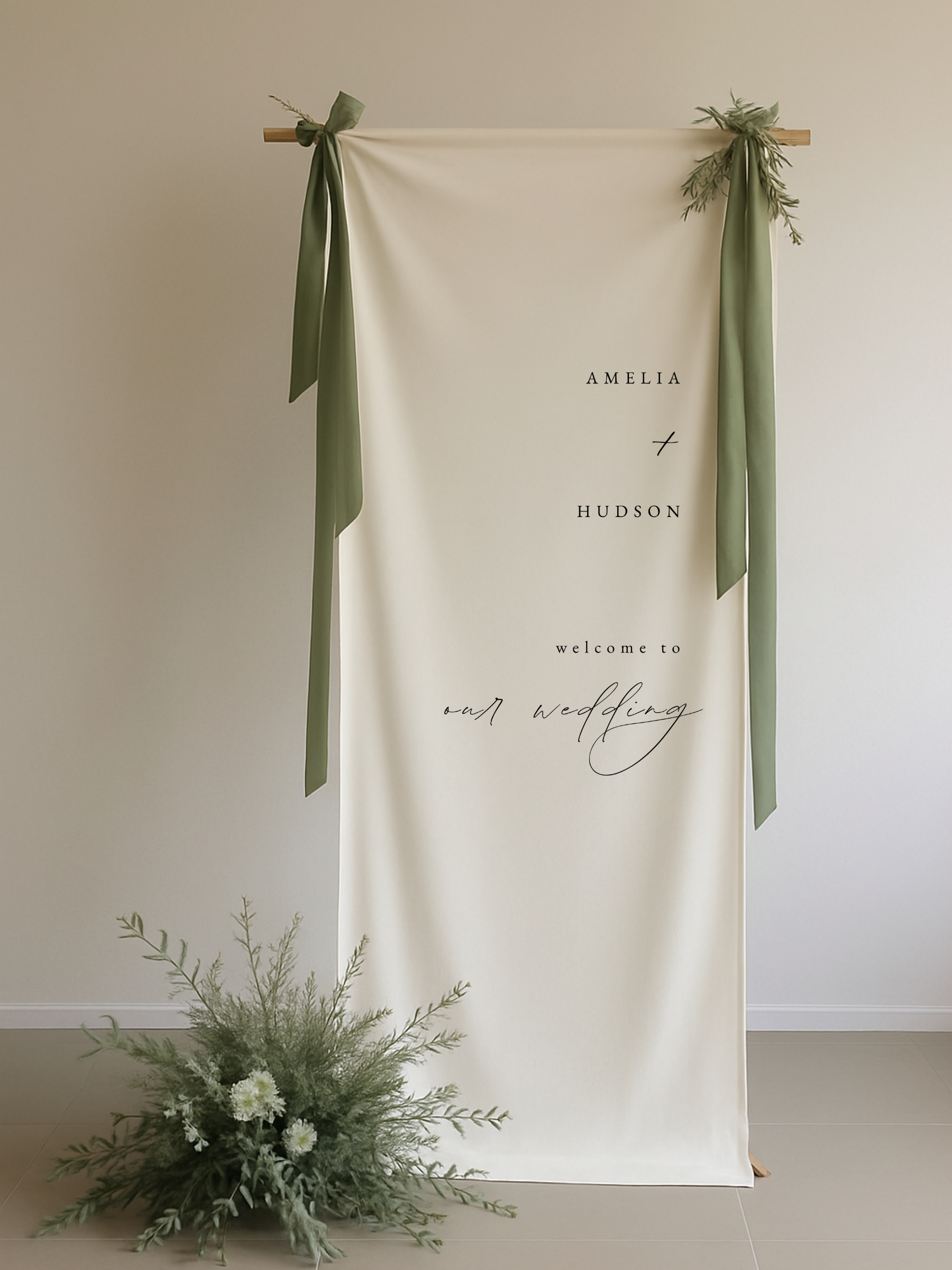Custom linen wedding banner, minimalist welcome sign for ceremony or reception.